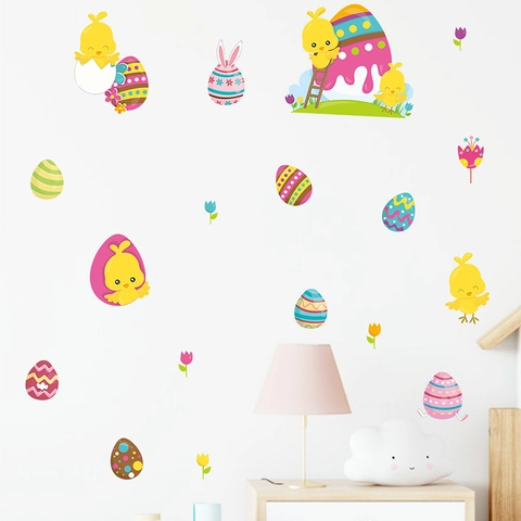 Easter Cartoon Bunny Chicken Egg Wall Sticker PVC Waterproof DIY Removable Home Decor For Kids Room Bedroom Living Room