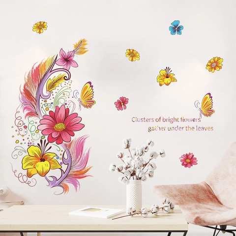 Pegatinas de Pared de Mariposa con Pluma y Flor Coloridas de Dibujos Animados para Dormitorio de Niños Decoración de Pared PVC