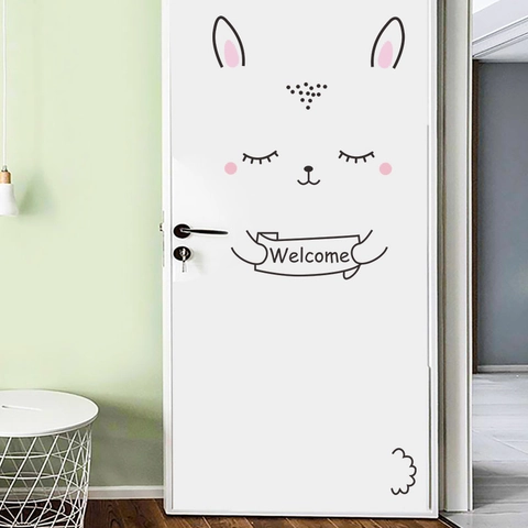 Cartoon Rabbit Welcome Door Sticker Waterproof PVC Wall Decal For Kids Room Bedroom Home Decoration Simple Mural
