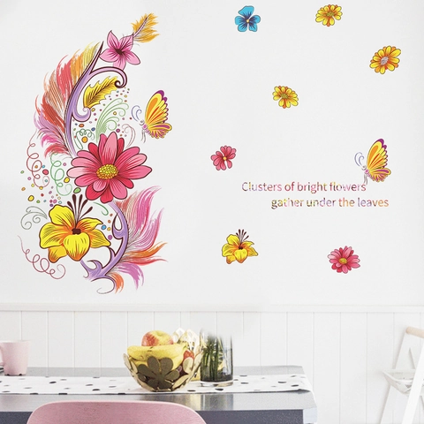 Pegatinas de Pared de Mariposa con Pluma y Flor Coloridas de Dibujos Animados para Dormitorio de Niños Decoración de Pared PVC