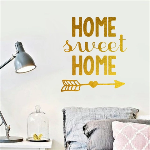 Adesivo da Parete PVC Home Sweet Home Oro Glitterato Con Freccia a Cuore Decorazione per Camera da Letto Soggiorno