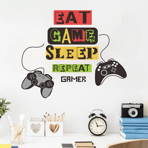 Gamer Wall Sticker Eat Game Sleep Repeat PVC Game Controller Decal For Boys Bedroom Game Room Gamer Wall Decor Art