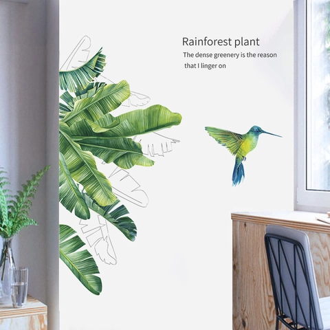 Tropical Rainforest Banana Leaves Hummingbird Wall Sticker PVC Self-Adhesive Wall Decal For Living Room Bedroom Beautification Home Decor