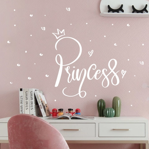Stickers Muraux Slogan Anglais Princess Avec Motif Couronne Cœur Blanc PVC Imperméable Décalcomanie pour Chambre de Filles Maison