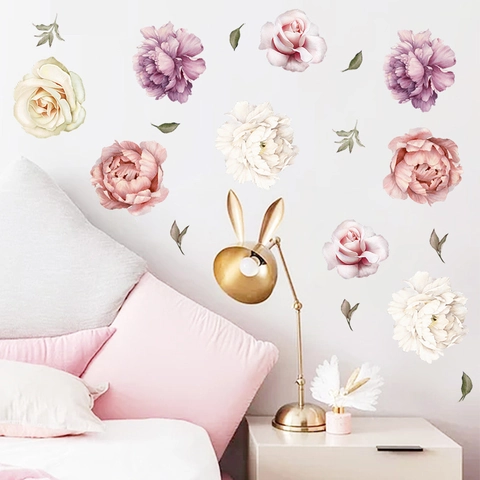 Pegatinas de Pared de Peonía en Acuarela Calcomanías de Flores Rosas de PVC Removibles para Dormitorio Sala de Estar Decoración