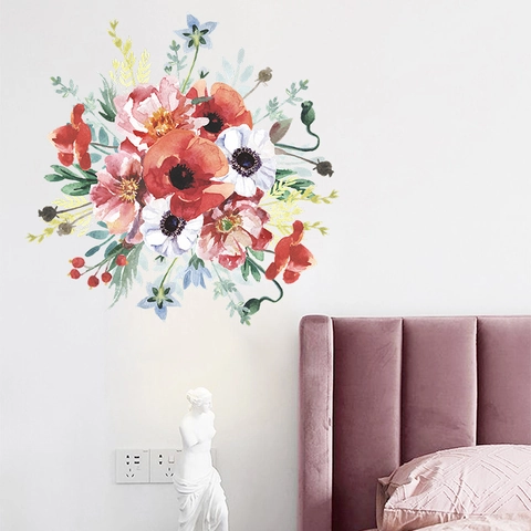 Watercolor Red Poppy White Anemone Floral Wall Sticker Removable PVC Flower Decal For Bedroom Living Room Commercial Wall Decor