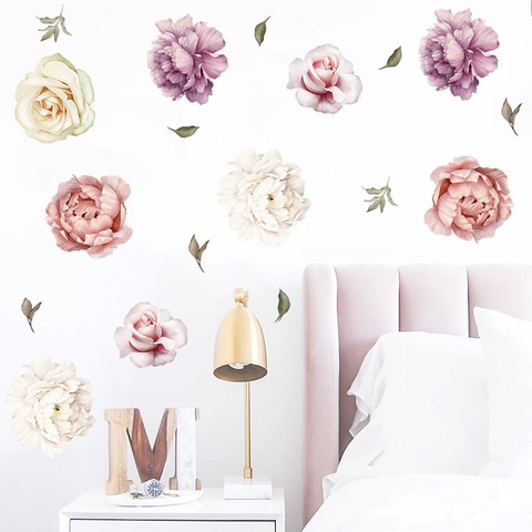 Pegatinas de Pared de Peonía en Acuarela Calcomanías de Flores Rosas de PVC Removibles para Dormitorio Sala de Estar Decoración