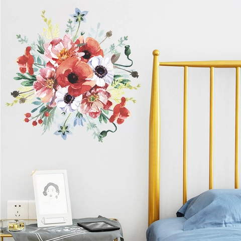 Watercolor Red Poppy White Anemone Floral Wall Sticker Removable PVC Flower Decal For Bedroom Living Room Commercial Wall Decor