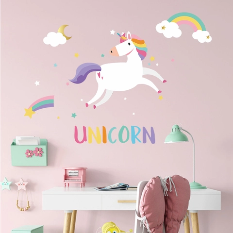 Pegatinas de Pared de Unicornio de Dibujos Animados Para Niños Dormitorio PVC Removible Luna Estrella Nubes Decoración