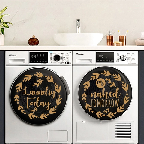 Minimalist Golden Round Laundry Room Wall Stickers PVC Waterproof Botanical Wreath Letter Decals For Washing Machine Home Decor