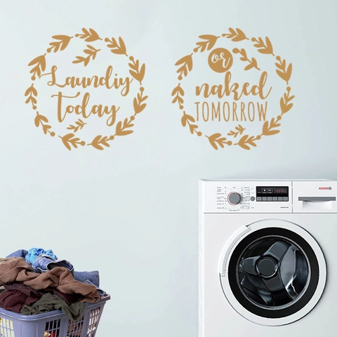 Minimalist Golden Round Laundry Room Wall Stickers PVC Waterproof Botanical Wreath Letter Decals For Washing Machine Home Decor