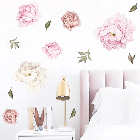Watercolor Pink Peony Flower Wall Stickers Removable PVC Floral Wall Decals For Bedroom Living Room Nursery Aesthetic Home Decor Art Mural