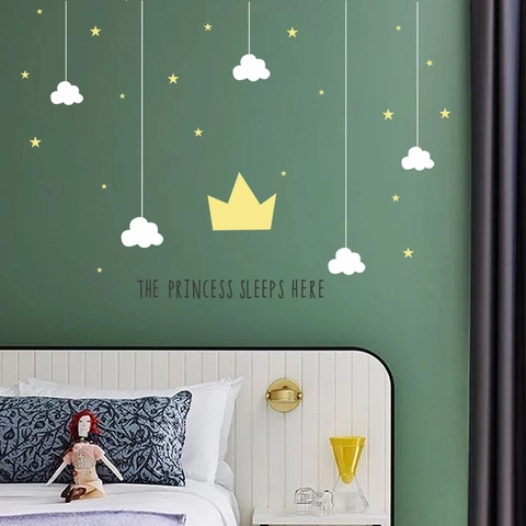 Crown Stars Clouds Princess Theme Wall Sticker Removable PVC Decal For Kids Girls Bedroom Nursery Room Home Decoration