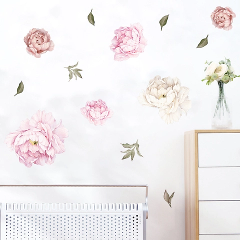 Watercolor Pink Peony Flower Wall Stickers Removable PVC Floral Wall Decals For Bedroom Living Room Nursery Aesthetic Home Decor Art Mural