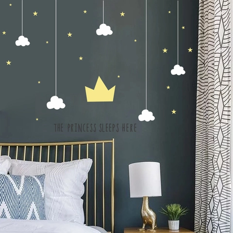Crown Stars Clouds Princess Theme Wall Sticker Removable PVC Decal For Kids Girls Bedroom Nursery Room Home Decoration
