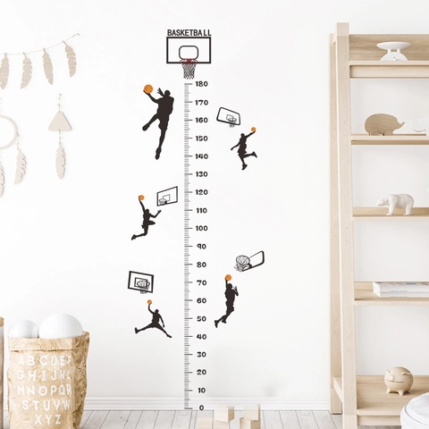 Basketball Athlete Silhouette Height Growth Chart Wall Sticker Removable PVC Decorative Decal For Kids Room Sports Theme