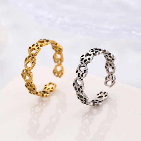 Stainless Steel Cute Cat Paw Cut Out Open Ring For Women Adjustable Animal Footprint Fashion Finger Jewelry