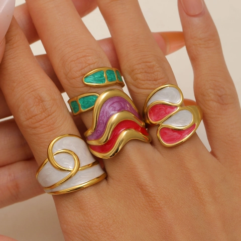 Vintage Luxe 18k Verguld Roestvrij Staal Open Ring Voor Vrouwen Minimalistisch Kleurrijk Emaille Druppelolie Verstelbaar