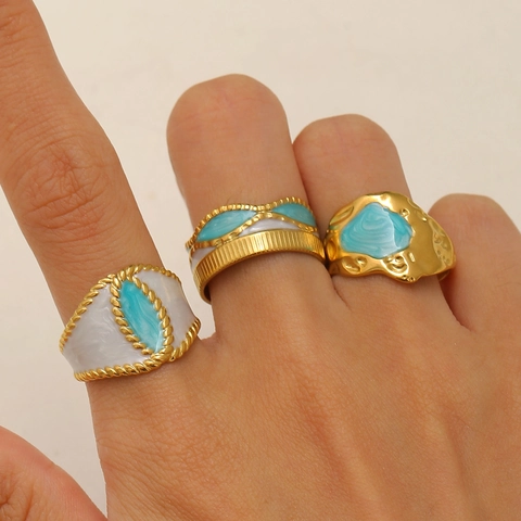 Vintage Luxe 18k Verguld Roestvrij Staal Open Ring Voor Vrouwen Minimalistisch Kleurrijk Emaille Druppelolie Verstelbaar