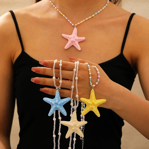 Boho Stijl Plastic Zeester Hanger Kralenketting Veelkleurig Kunstparel Zomervakantie Strand Sieraden Voor Dames