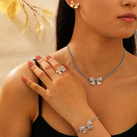 Elegante Legierung Schleife Schmuck Halskette Armband Ohrringe Ring Für Damen Mode Gold Silber Künstliche Perle Schleife Schmuck