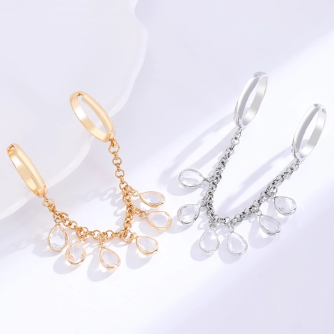 Fashion Alloy Double Finger Ring With Zirconia Tassel Chain Water Drop Charm Cross Pendant Adjustable Link Ring Women Jewelry