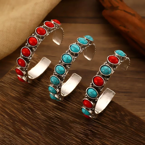 Bohemian Vintage Open Bangle For Women Ethnic Zinc Alloy Inlaid Synthetic Stone Bracelet Retro Silver Color Jewelry Gift