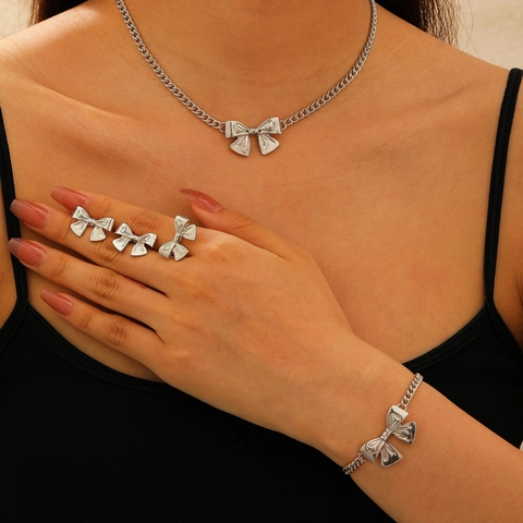 Elegante Legierung Schleife Schmuck Halskette Armband Ohrringe Ring Für Damen Mode Gold Silber Künstliche Perle Schleife Schmuck