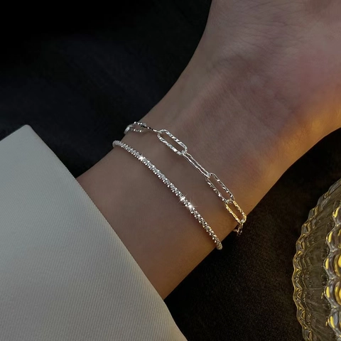 Stainless Steel Shimmering Double Layer Bracelet Necklace Set Gold Silver Heart Cross Pendant Jewelry For Unisex Daily Party