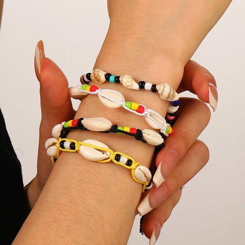 Bohemian Handmade Braided Bracelet Set For Women With Faux Artificial Pearl Shell Turtle Starfish Charm Summer Beach Ethnic Jewelry