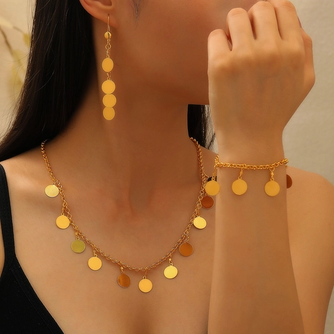 Dubai Goud Legering Sieradenset Voor Vrouwen Etnisch Opengewerkt Kwastje Ketting Armband Oorbellen Bruiloft Feest Sieradenset Tailleketting