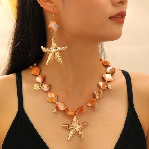 Set di Gioielli Tema Vacanza Oceano Ciondolo Stella Marina Conchiglia Lega Perla Artificiale Collana e Orecchini per Donna Spiaggia Estiva