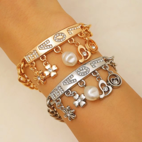 Fashion Zinc Alloy LOVE Letter Rhinestone Artificial Pearl Charm Bracelet For Women Heart Flower Pendant Watch Chain Jewelry