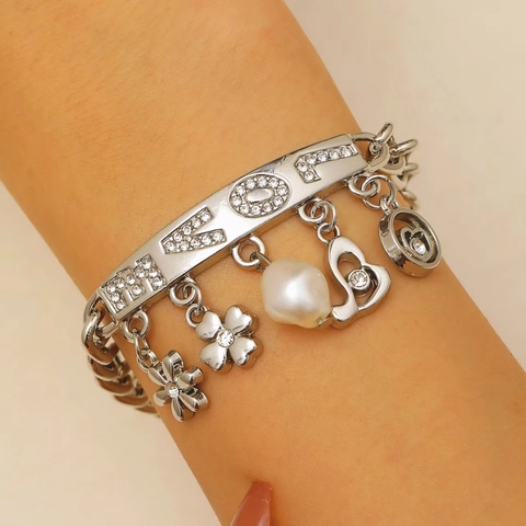Fashion Zinc Alloy LOVE Letter Rhinestone Artificial Pearl Charm Bracelet For Women Heart Flower Pendant Watch Chain Jewelry