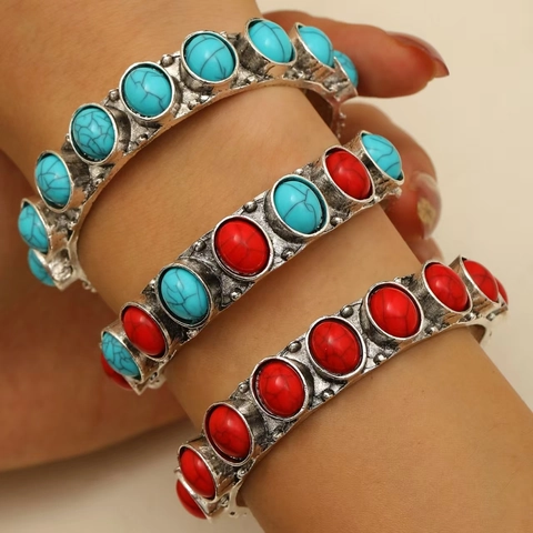 Bohemian Vintage Open Bangle For Women Ethnic Zinc Alloy Inlaid Synthetic Stone Bracelet Retro Silver Color Jewelry Gift