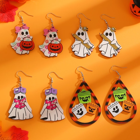 Halloween Geist Holz Ohrhänger Für Damen Lustige Cartoon Kürbis Sonnenblume Lesen Geist Buch Bleistift Muster Schule Lehrer Schmuck