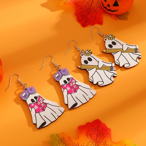 Halloween Geist Holz Ohrhänger Für Damen Lustige Cartoon Kürbis Sonnenblume Lesen Geist Buch Bleistift Muster Schule Lehrer Schmuck