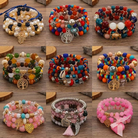 Boheems Gelaagde Kralen Armband Zinklegering Hart Levensboom Olifant Hanger Etnische Stapelbare Rekbare Handketting Sieraden