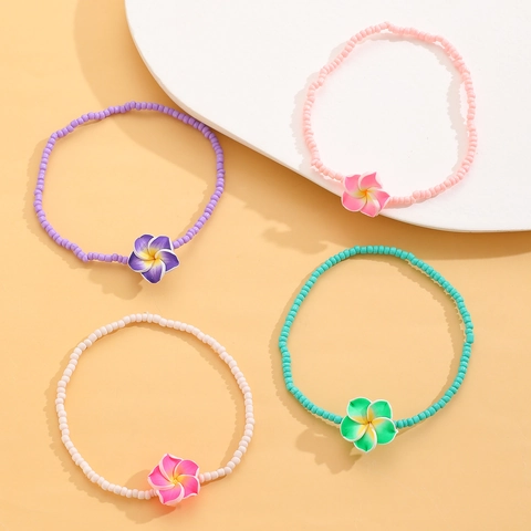 Tobillera de Cuentas de Arcilla Polimérica Frangipani Bohemia para Mujer Joyería de Pie Elástica con Amuleto de Flor de Resina