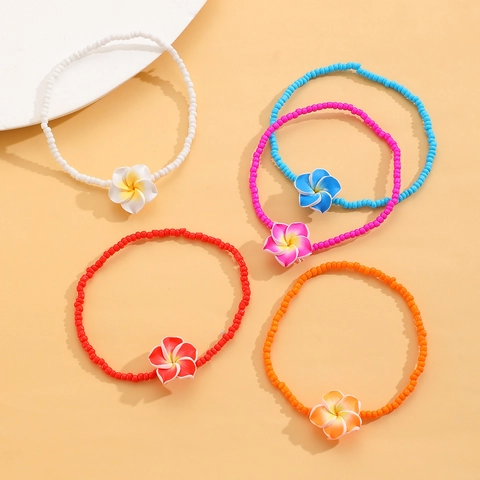Tobillera de Cuentas de Arcilla Polimérica Frangipani Bohemia para Mujer Joyería de Pie Elástica con Amuleto de Flor de Resina