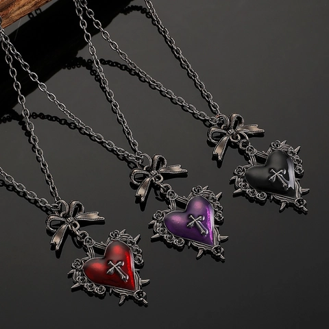 Gothic Punk Zinc Alloy Heart Cross Bow Pendant Necklace Retro Palace Style Red Purple Black Enamel Jewelry For Women Party