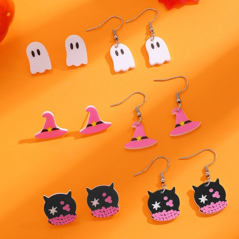 Halloween Cartoon Geest Pompoen Hoed Oorknopjes Acryl Hout Sieraden Voor Dames Met 925 Sterling Zilver Stift Griezelig Feest
