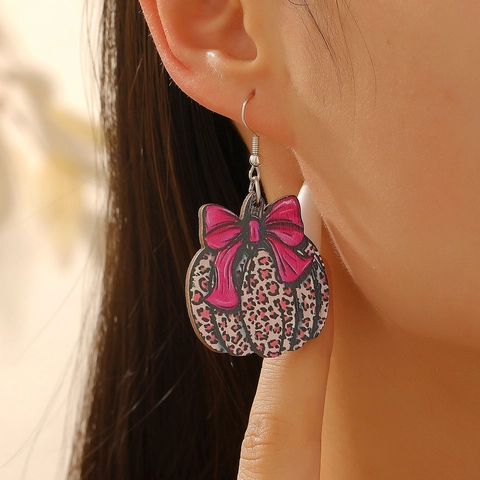 Leopard Print Pumpkin Wooden Drop Earrings With Pink Bow Thanksgiving Halloween Festive Fashion Jewelry For Women