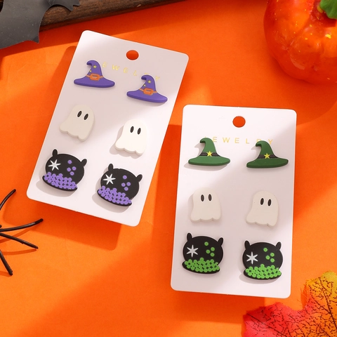 Halloween Stud Earrings Set Acrylic Ghost Witch Hat Cauldron Pumpkin Cat Ear Jewelry For Women Festive Party Accessories