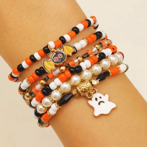 Halloween Beaded Bracelets Set Polymer Clay Alloy Pumpkin Ghost Skull Charms Festival Jewelry For Women Party Gift
