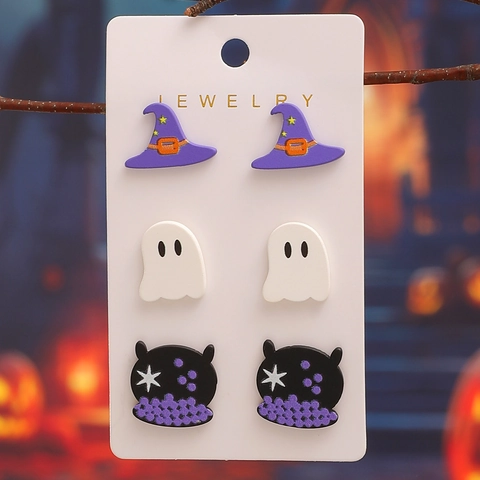 Halloween Stud Earrings Set Acrylic Ghost Witch Hat Cauldron Pumpkin Cat Ear Jewelry For Women Festive Party Accessories