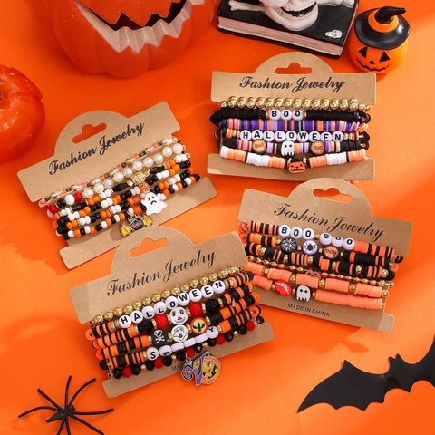Halloween Beaded Bracelets Set Polymer Clay Alloy Pumpkin Ghost Skull Charms Festival Jewelry For Women Party Gift