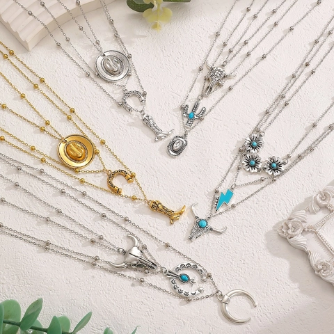 Western Cowboy Bohemian Multi Layer Pendant Necklace Set Zinc Alloy Bull Head Cactus Hat Boots Turquoise Charm Jewelry For Women