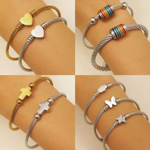 Vintage Stainless Steel Cable Bracelet For Men Women Twisted Wire Open Bangle With Cross Heart Star Butterfly Hamsa Rainbow Charm