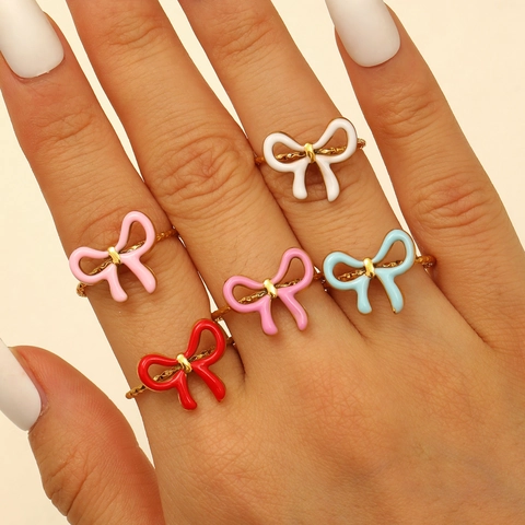 Stainless Steel Enamel Bow Heart Flower Ring 18K Gold Plated Vintage Elegant Adjustable Open Band Jewelry For Women Gift